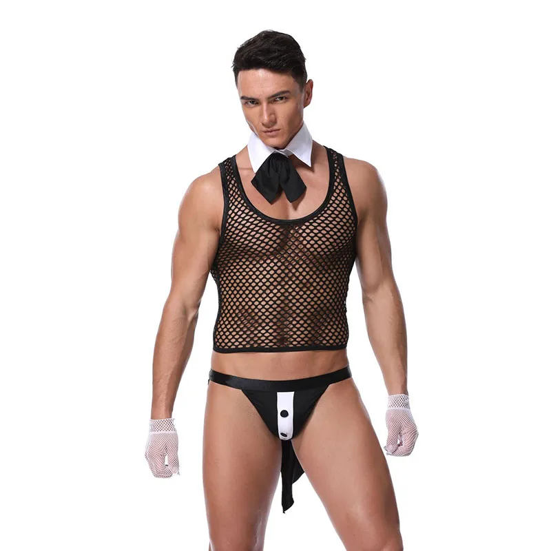 Mens Butler Waiter Tuxedo Lingerie Suit Hollow Out Fishnet Undershirt with Bow Tie Sexy Role Play Men Maid Halloween Costumes
Mens Butler Waiter Tuxedo Lingerie Suit Hollow Out Fishnet Undershirt with Bow Tie Sexy Role Play Men Maid Halloween Costumes