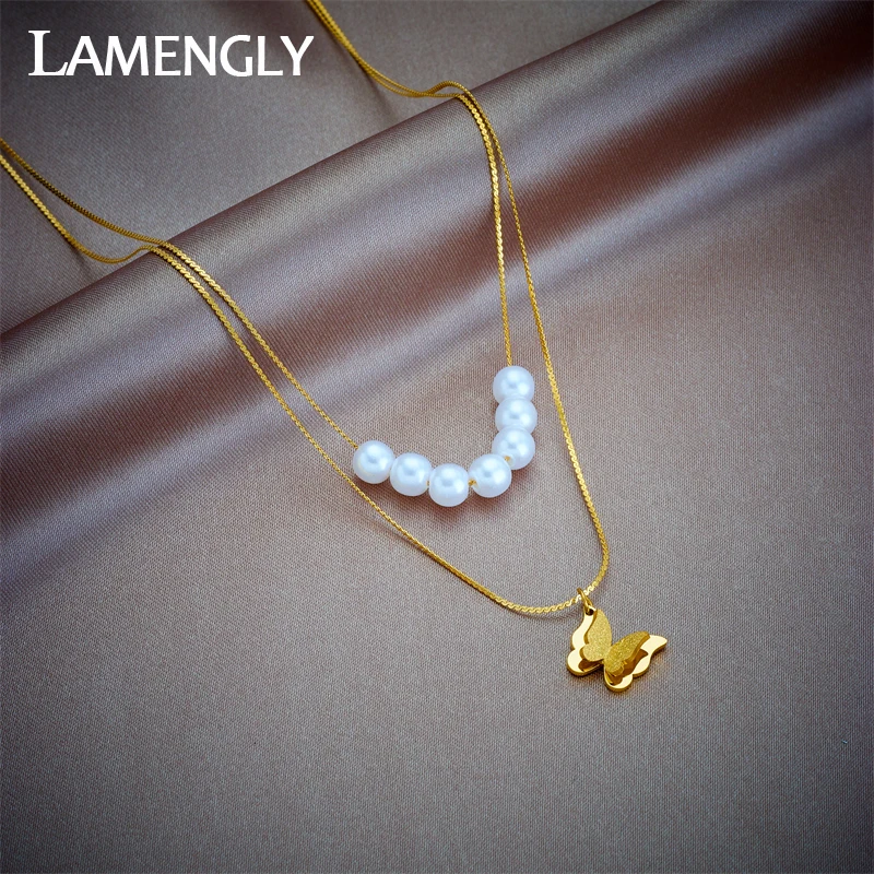 LAMENGLY 316L Stainless Steel 2-Layer Pearl Butterfly Pendant Necklace For Women Girl New Clavicle Chain Non-fading Jewelry Gift
LAMENGLY 316L Stainless Steel 2-Layer Pearl Butterfly Pendant Necklace For Women Girl New Clavicle Chain Non-fading Jewelry Gift