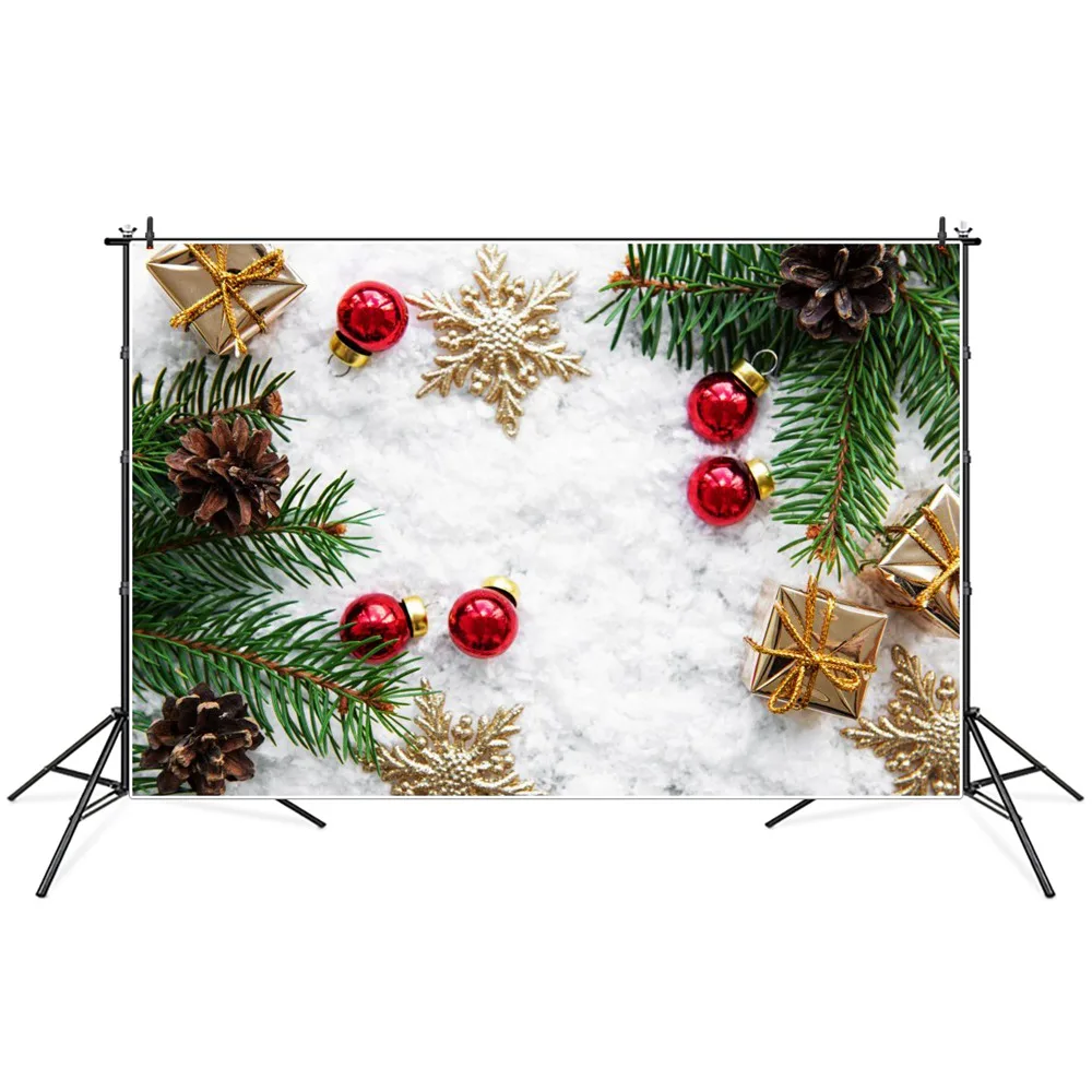 

Рождественский шар подарок сосна конус Twigs снег фотография фоны на заказ Вечеринка домашнее украшение фотобудка фотографические фоны