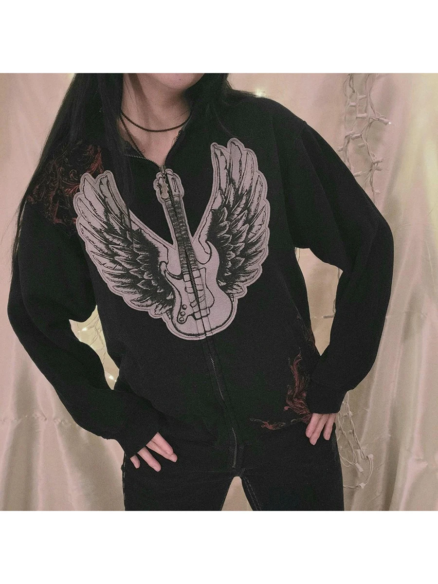 

Women Punk Hoodies Goth Wings Print Zipped Hooded Sweatshirts Halloween Gothic Grunge Long Sleeve Loose Coat for Spring Autumn