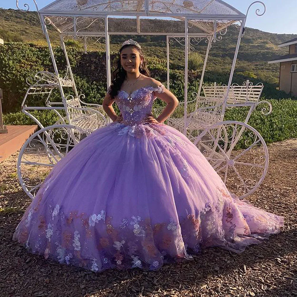 

Lilac Quinceanera Dresses Off The Shoulder Glitter Tulle Appliques Ball Gown Pageant Birthday Party Gown Sweet Robes De 2022