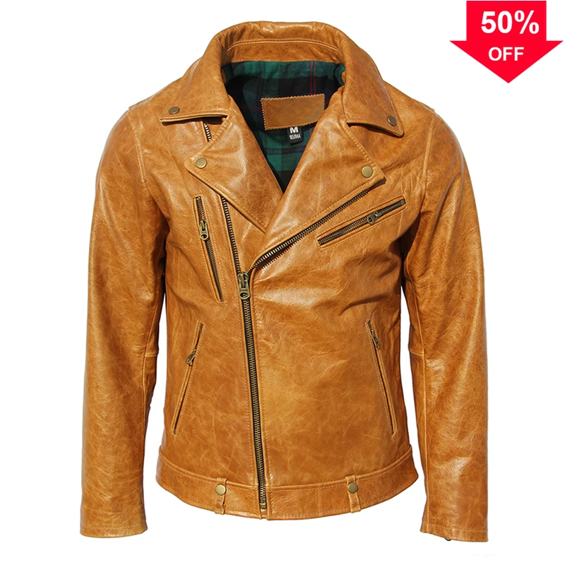 Natural Oil Waxed Cow Leather Jacket For Men Biker Clothes Yellow Brown Burgundy Soft Genuine Sheepskin Coat Spring Autumn M003
Natural Oil Waxed Cow Leather Jacket For Men Biker Clothes Yellow Brown Burgundy Soft Genuine Sheepskin Coat Spring Autumn M003