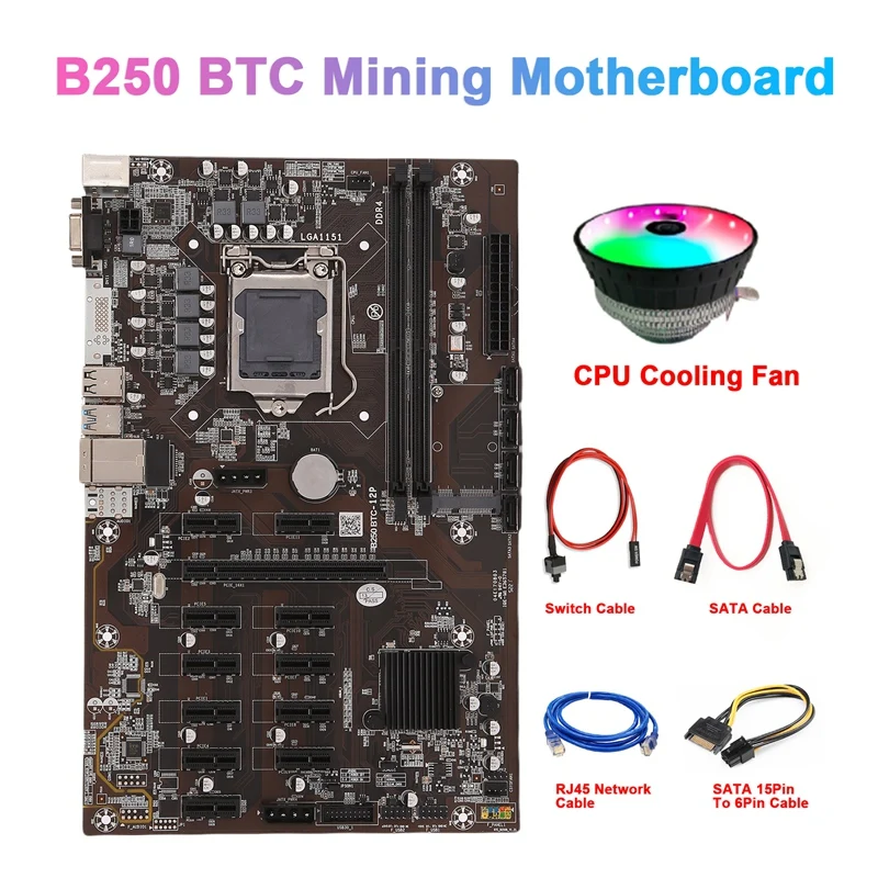 HOT-B250 BTC Mining Motherboard 12 GPU LGA1151 with RJ45 Network Cable+Cooling Fan+SATA Cable for Graphics Card ETH Miner
HOT-B250 BTC Mining Motherboard 12 GPU LGA1151 with RJ45 Network Cable+Cooling Fan+SATA Cable for Graphics Card ETH Miner