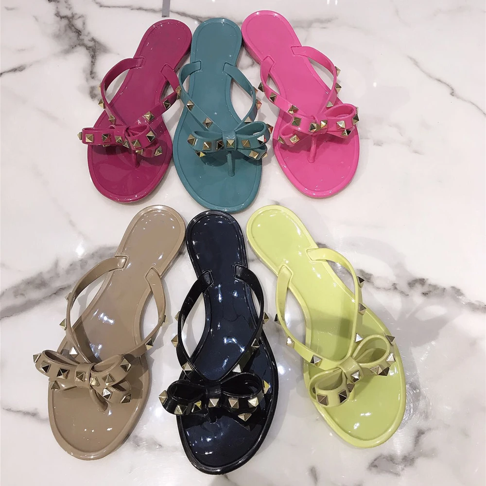 

Fashion Brand Summer Flip Flops Woman Rivets Women Sandals Bow knot Flat Slippers Girls Studded Beach Slides Jelly Shoes 35-41