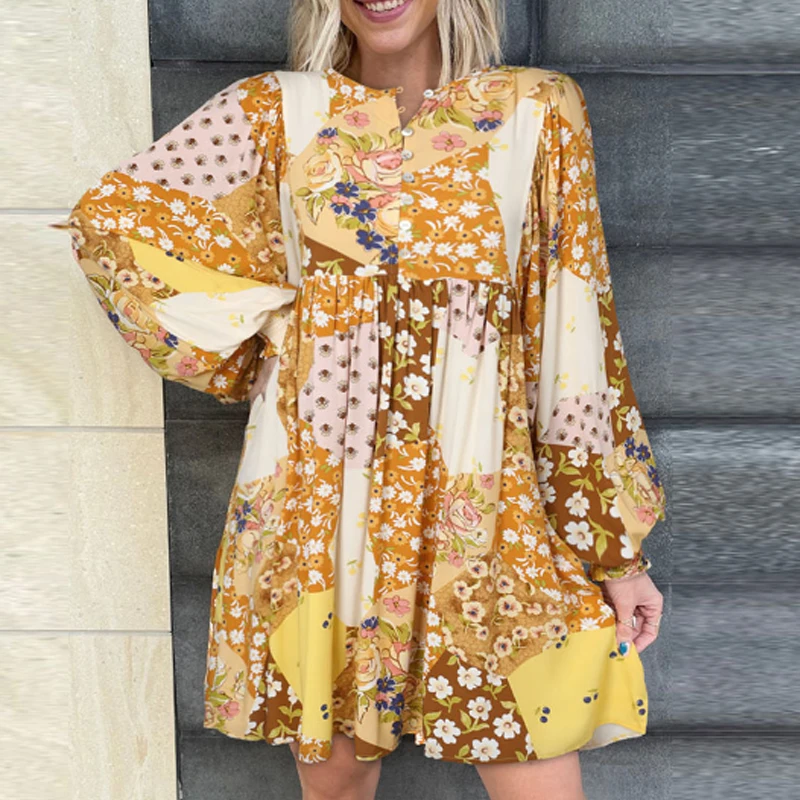 Harajuku Boho Beach Dress Spring/Summer 2023 New Yellow Floral Buckle Long Sleeve Dress Women's Loose Pullover Print Mini Dress 
Harajuku Boho Beach Dress Spring/Summer 2023 New Yellow Floral Buckle Long Sleeve Dress Women's Loose Pullover Print Mini Dress