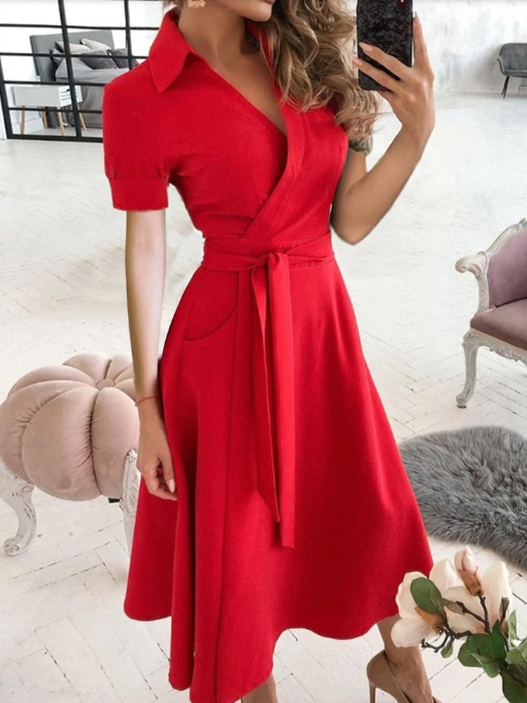 Short Sleeve V-neck Turndown Collar Dress High Waist Bandage Dresses Spring and Summer Fashion Women's Wear Robes Rz*
Short Sleeve V-neck Turndown Collar Dress High Waist Bandage Dresses Spring and Summer Fashion Women's Wear Robes Rz*