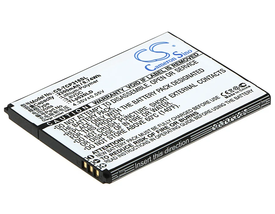 CS 2300mAh / 8.74Wh battery for TCL P307L, P308L, P318L, P586L, P589L, P606L TLp020LD 
CS 2300mAh / 8.74Wh battery for TCL P307L, P308L, P318L, P586L, P589L, P606L TLp020LD