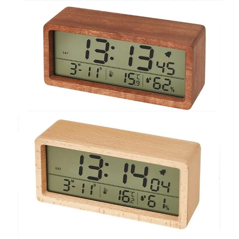 

Wood Electronic Alarm Clock Snooze Date Temperature and Humidity With Backlight Digital Clock LED 12/24 Hour Table Clock