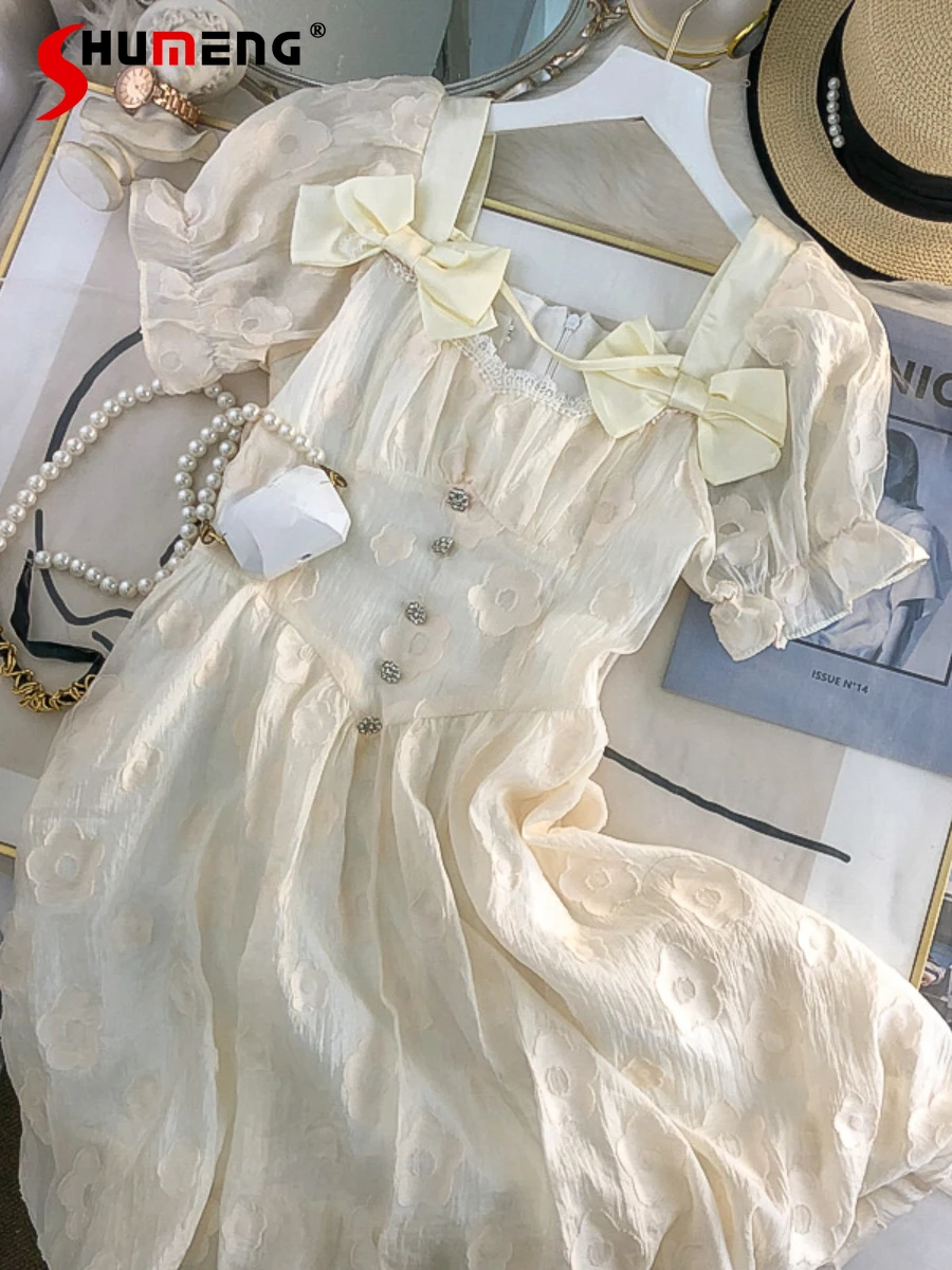 French Style High-Grade Bow Puff Sleeve Above Knee Dress Women's 2022 Summer High Waist Sweet Flowers Super Fairy Princess Dress
French Style High-Grade Bow Puff Sleeve Above Knee Dress Women's 2022 Summer High Waist Sweet Flowers Super Fairy Princess Dress