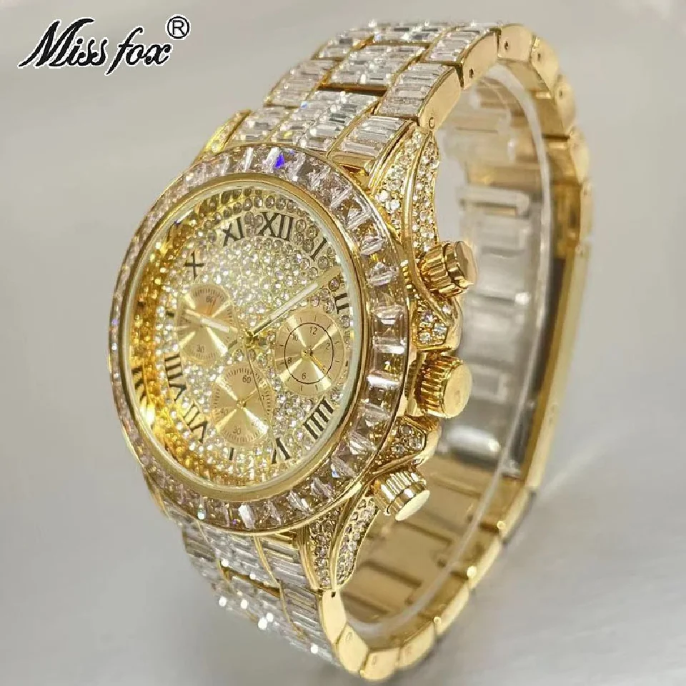 Fashion Brand MISSFOX Luxury 18K Gold Watch For Men Iced Out Waterproof Wrist Watches Full Diamond Clocks Male Gift Reloj Hombre
Fashion Brand MISSFOX Luxury 18K Gold Watch For Men Iced Out Waterproof Wrist Watches Full Diamond Clocks Male Gift Reloj Hombre