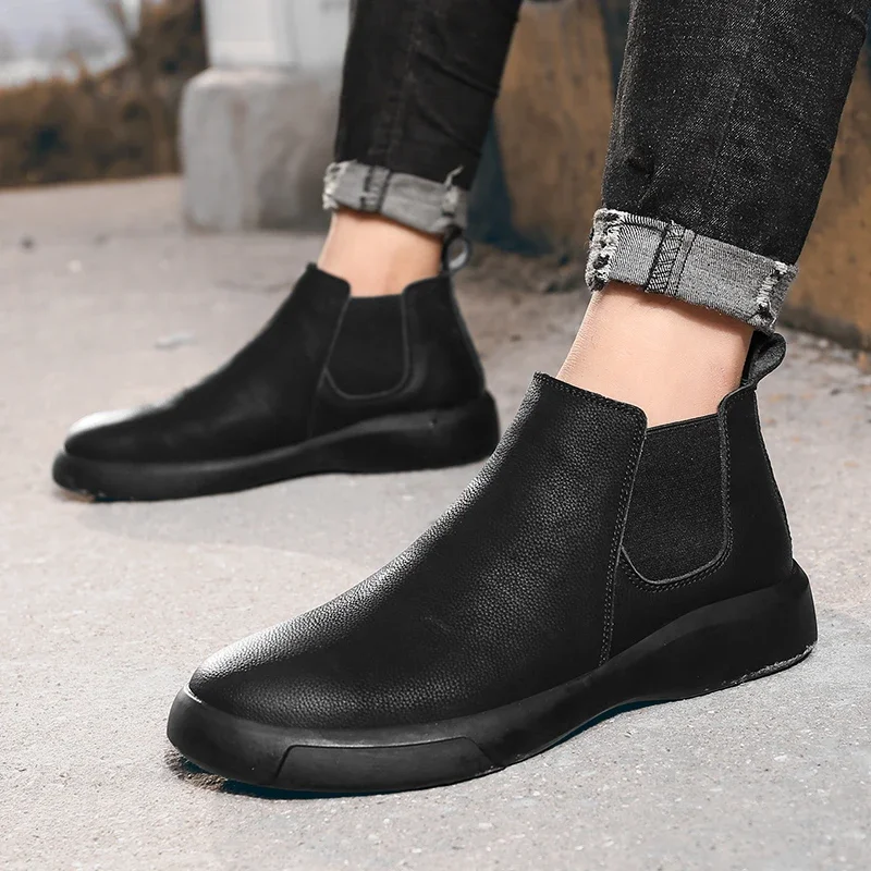 

Shoes for Men 2023 High Quality Slip on Men's Boots Winter Round Toe Solid Short Barrel Low-heeled Large Size Roman Naked Boots
