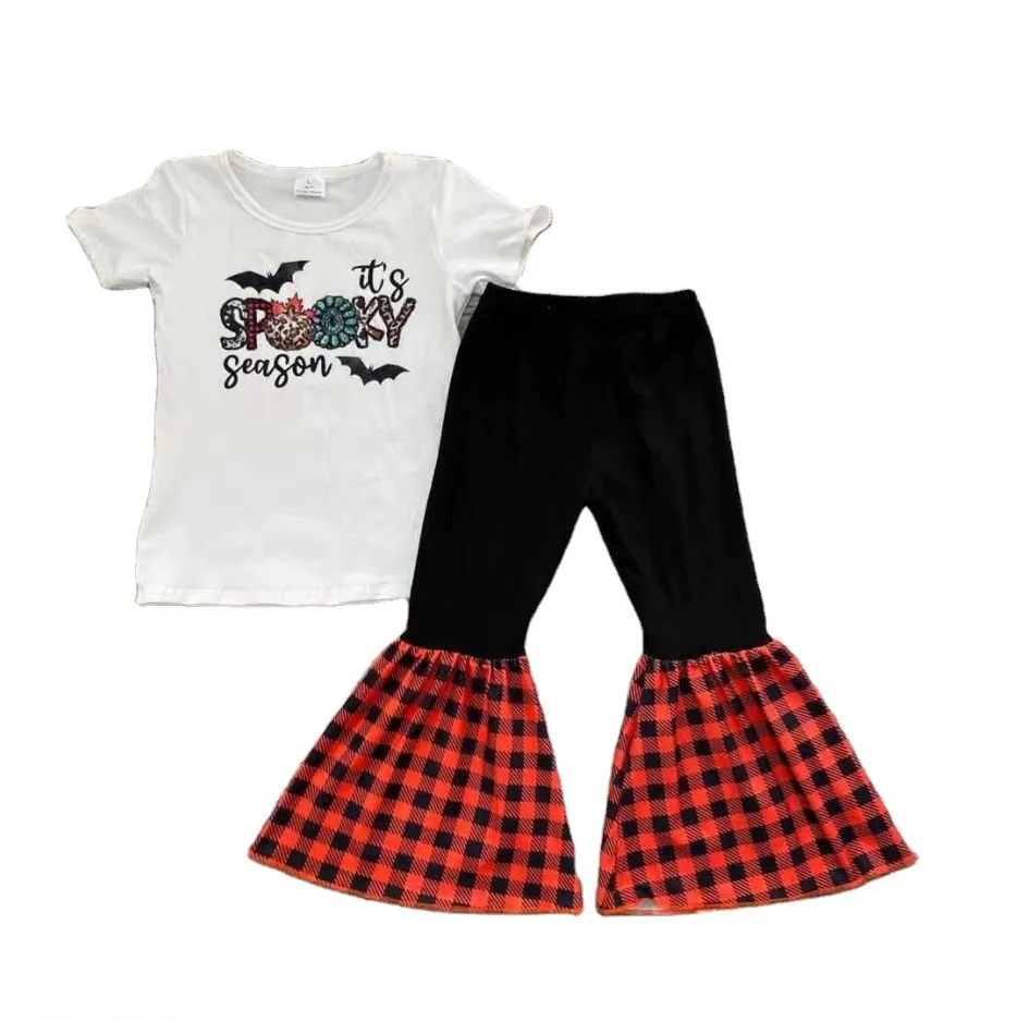 RTS Halloween Children Dress Crew Neck Alphabet Pattern Short Sleeves Top Red Lattice Black Bell Bottom Kids Sets
RTS Halloween Children Dress Crew Neck Alphabet Pattern Short Sleeves Top Red Lattice Black Bell Bottom Kids Sets