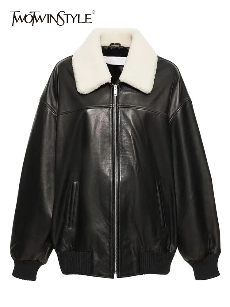 TWOTWINSTYLE PU Leather Jackets For Women Lapel Long Sleeve Patchwork Zipper Casual Autumn Jacket Female Fashion Clothing 2023
TWOTWINSTYLE PU Leather Jackets For Women Lapel Long Sleeve Patchwork Zipper Casual Autumn Jacket Female Fashion Clothing 2023