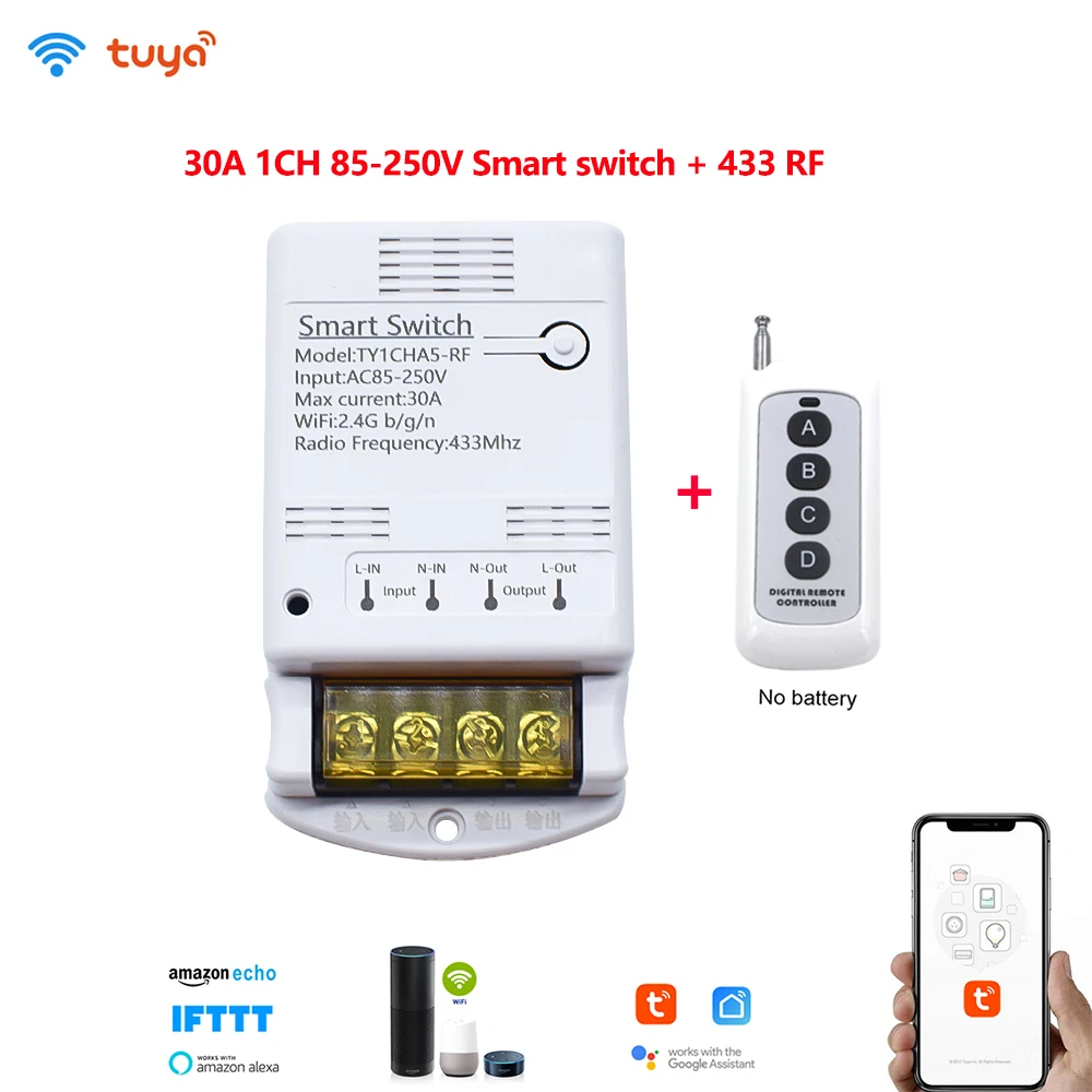 

1 шт. релейный модуль Tuya Wi-Fi 85-250 В 240 В 220 В 30A Smart Switch RF контроллер Alexa Google Home Automation Inching Self-locking