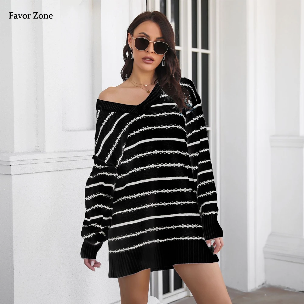 Black White Striped Sweaters Dresses For Women Knitted Loose Casual Dress Autumn Winter V-neck Long Sleeve Mini Dress Robe Femme
Black White Striped Sweaters Dresses For Women Knitted Loose Casual Dress Autumn Winter V-neck Long Sleeve Mini Dress Robe Femme