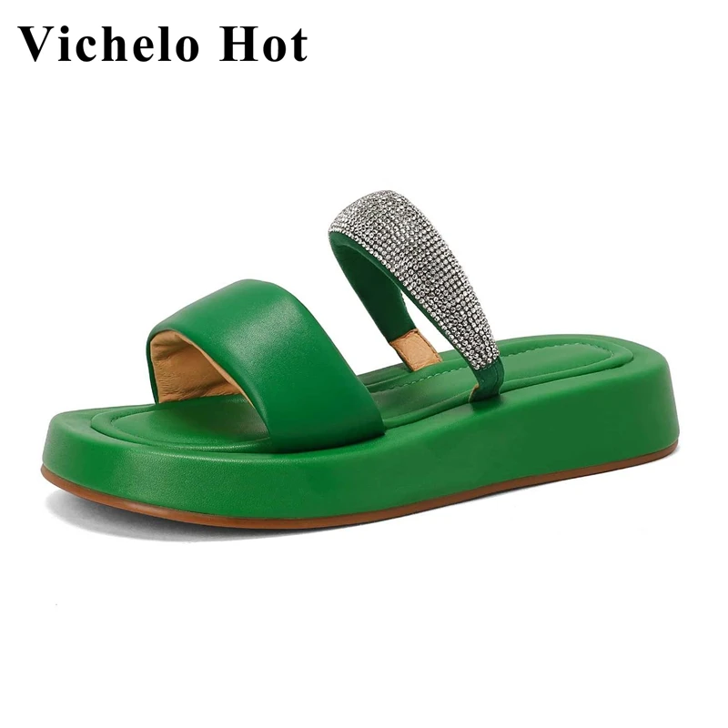 Vichelo Hot Genuine Leather Peep Toe Thick Bottom Platform Slides Rhinestone Decoration Fashion Cozy Women Outside Slippers L02
Vichelo Hot Genuine Leather Peep Toe Thick Bottom Platform Slides Rhinestone Decoration Fashion Cozy Women Outside Slippers L02