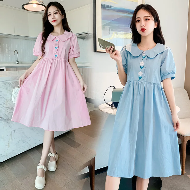 

Maternity Dress Summer Cool Thin Peter Pan Collar Embroidery Clothes for Pregnant Women Sweet Age-reducing Pregnancy Dress