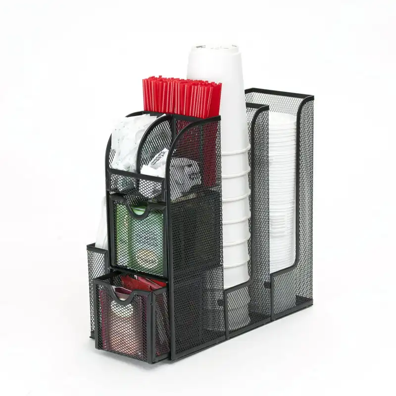 

Condiment and Accessories Caddy Organizer, for Coffee Cups, Stirrers, Snacks, Sugars, etc., Black Mesh