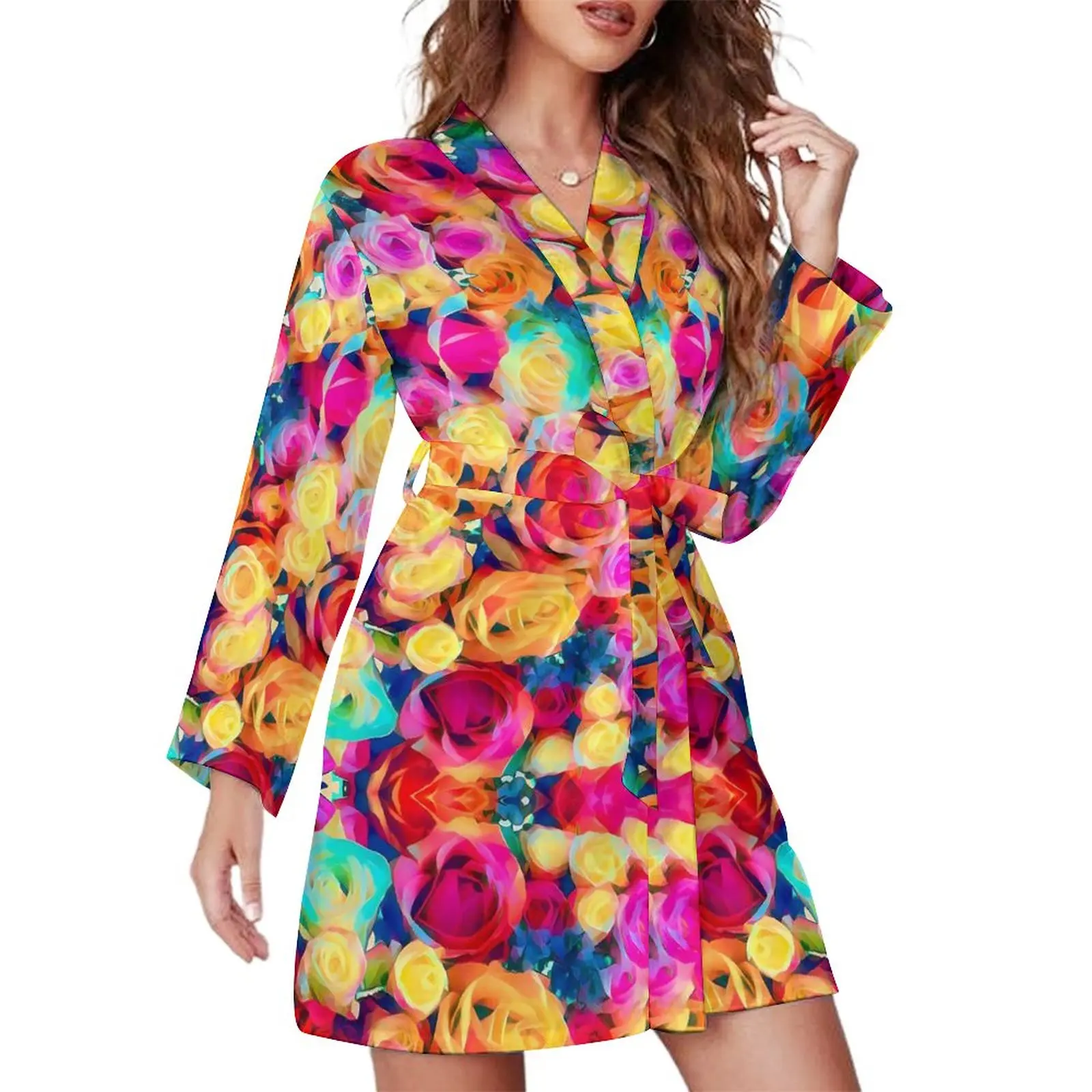 Colorful Rose Pajama Robe Bouquet Print Long Sleeve Home Pajamas Robes Women V Neck Fashion Nightgown Daily Design Dresses
Colorful Rose Pajama Robe Bouquet Print Long Sleeve Home Pajamas Robes Women V Neck Fashion Nightgown Daily Design Dresses