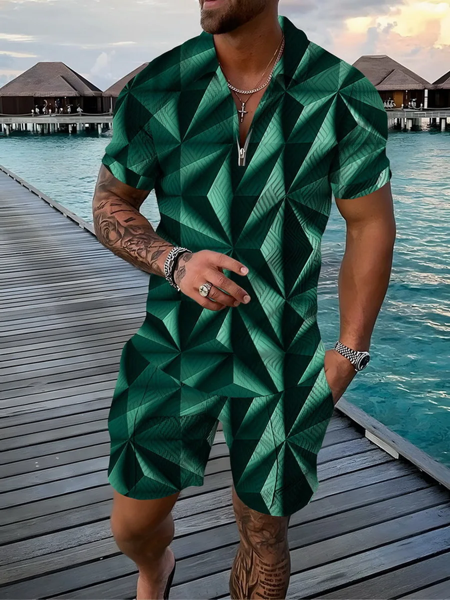 2022 Summer New Men's Tracksuit 3D Geometric Pattern Zipper Polo Shorts Suit Lapel Short Sleeve Pullover Casual Men's Wear
2022 Summer New Men's Tracksuit 3D Geometric Pattern Zipper Polo Shorts Suit Lapel Short Sleeve Pullover Casual Men's Wear