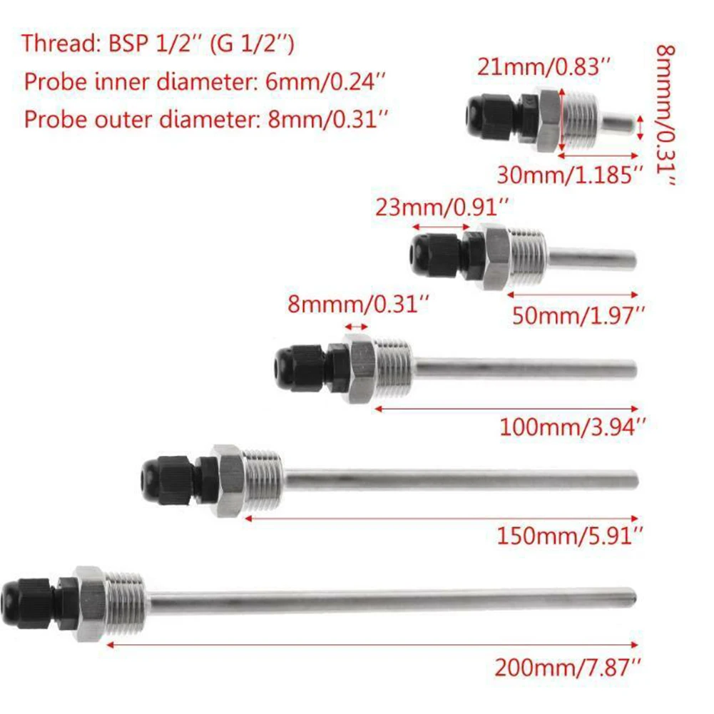 30-200mm Thermowell 304 Stainless-Steel 1/2 BSP G Thread OD6mm Immersion Sleeve Pockets For Temperature Sensor
30-200mm Thermowell 304 Stainless-Steel 1/2 BSP G Thread OD6mm Immersion Sleeve Pockets For Temperature Sensor