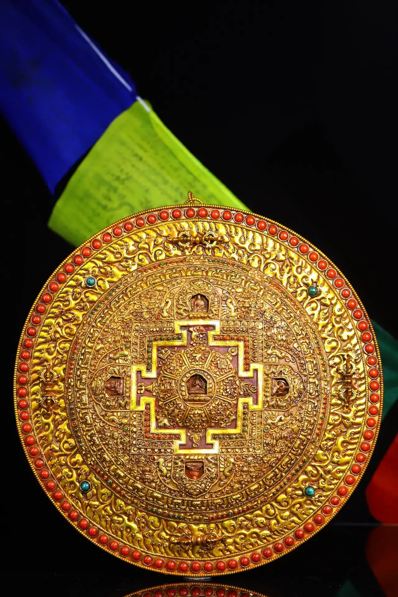 

Коллекция тибетских храмов 13 дюймов, тибетский серебряный позолоченный драгоценный камень, восемь сокровищ, буддийская нишевая Мандала танка, подвесной экран