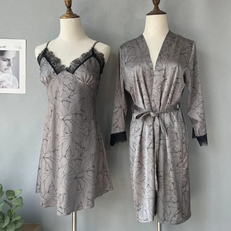 

Robe Set New Female Nightdress Twinset Spaghetti Strap Sexy Lace Sleepwear Nightgown Casual Print Flower Thin Satin Home Dress