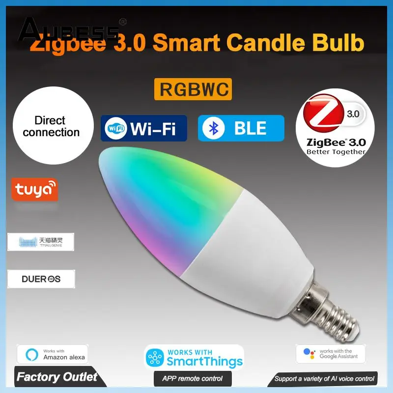 

Светодиодная лампа Rgbcw для умного дома Tuya Zigbee 3,0, умная лампа-свеча 5 Вт E12 E14, работает с Alexa Google Home, голосовым управлением