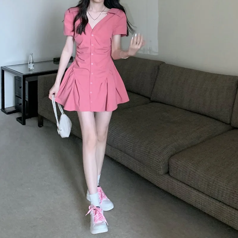 Summer A Line Flounced Edge Single Breasted Office Dresses for Lady Short Sleeve V Neck Mini Dress Regular Pleated Pink Dress
Summer A Line Flounced Edge Single Breasted Office Dresses for Lady Short Sleeve V Neck Mini Dress Regular Pleated Pink Dress