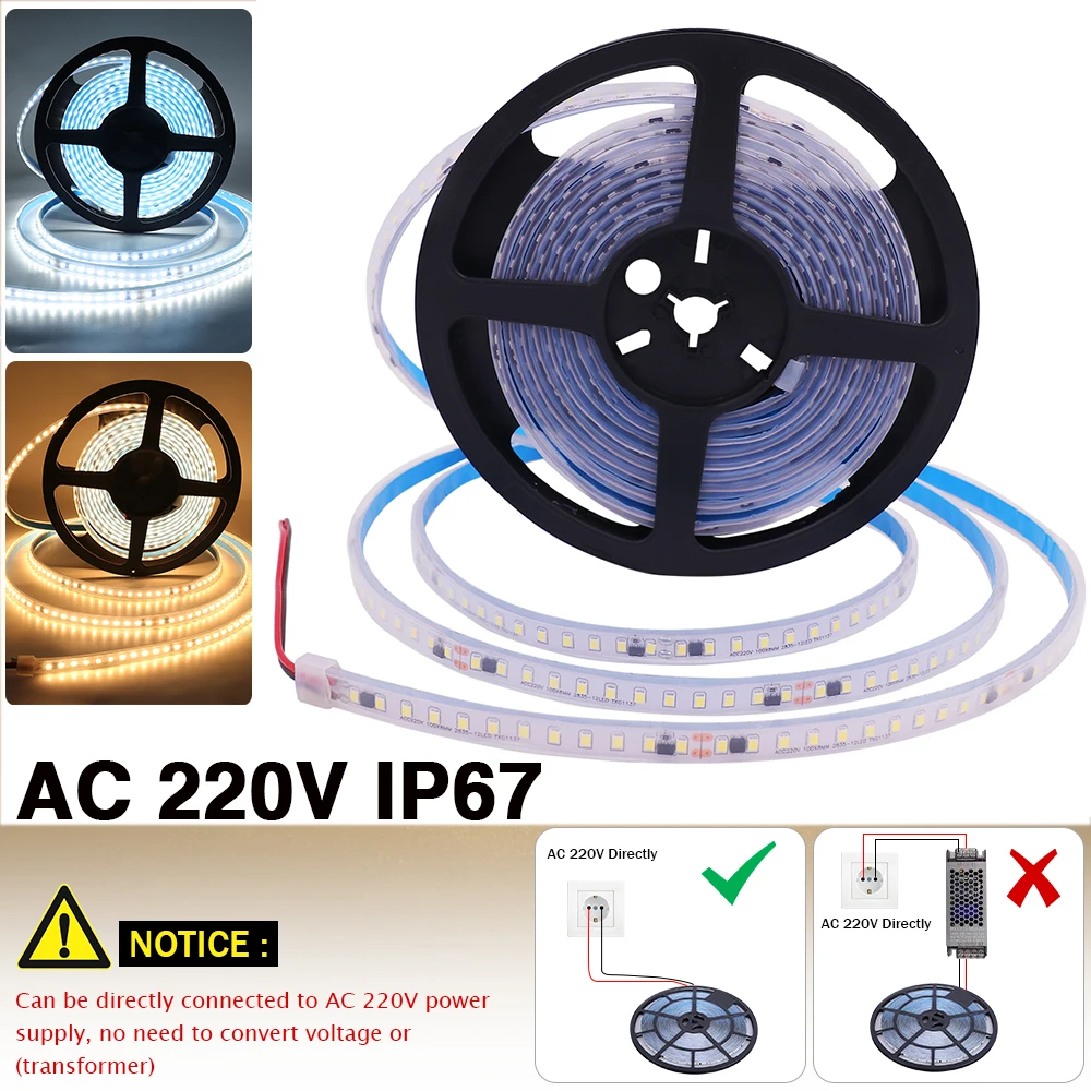 

AC 220V 240V LED Strip IP67 Tube Waterproof SMD 2835 120Leds/m Engineering Decoration Flexible Ribbon Tape Light 5M/Roll