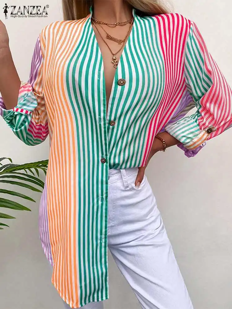 Женская пляжная блузка ZANZEA с воротником-стойкой, богемные праздничные модные длинные рубашки, цветные женские топы в полоску на пуговицах с...
Женская пляжная блузка ZANZEA с воротником-стойкой, богемные праздничные модные длинные рубашки, цветные женские топы в полоску на пуговицах с...