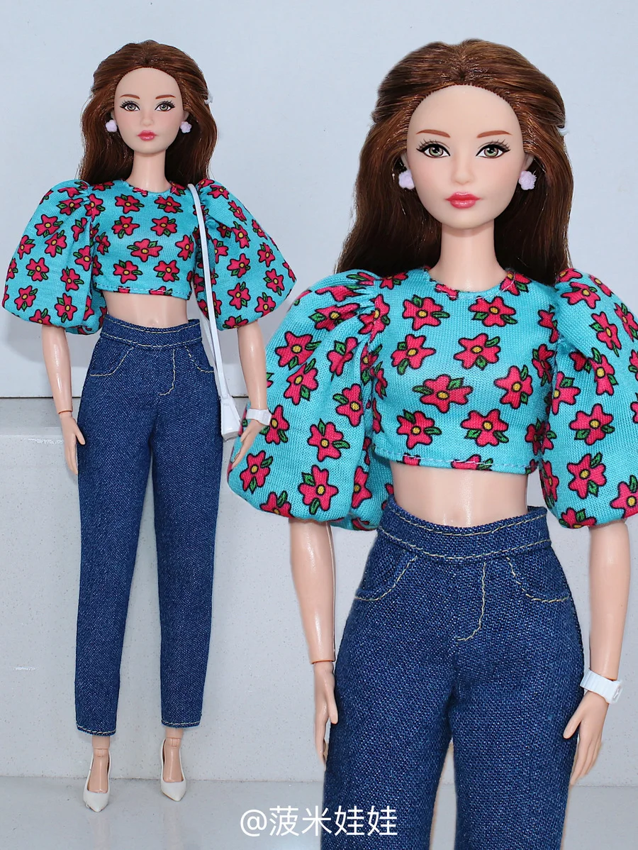 

Clothing set / blue flower shirt + long jeans pant / 30cm doll clothes suit outfit For 1/6 Xinyi FR ST Barbie Doll / toys xmas