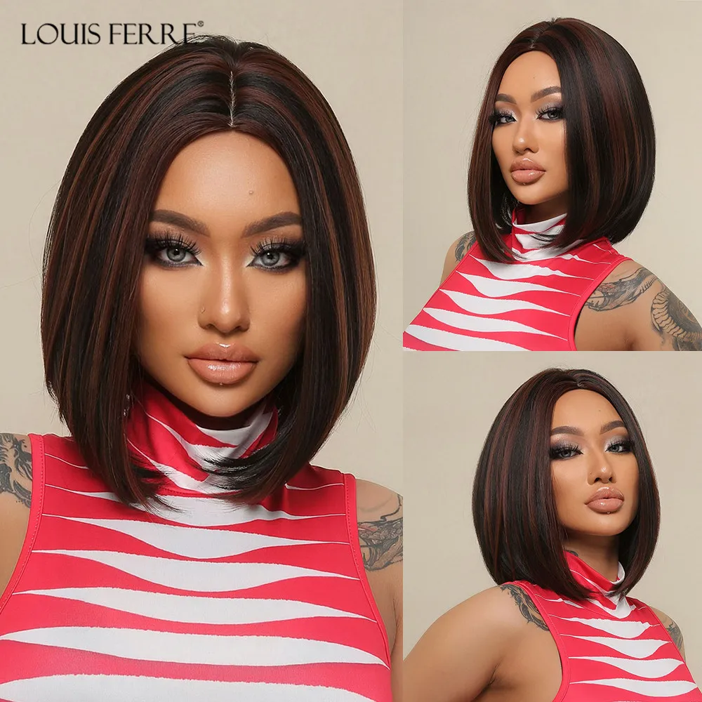 

LOUIS FERRE Short Brown Highlight Synthetic Hair Wigs Mixed Brown Middle Parting Bob Straight Wig For Black Women Heat Resistant