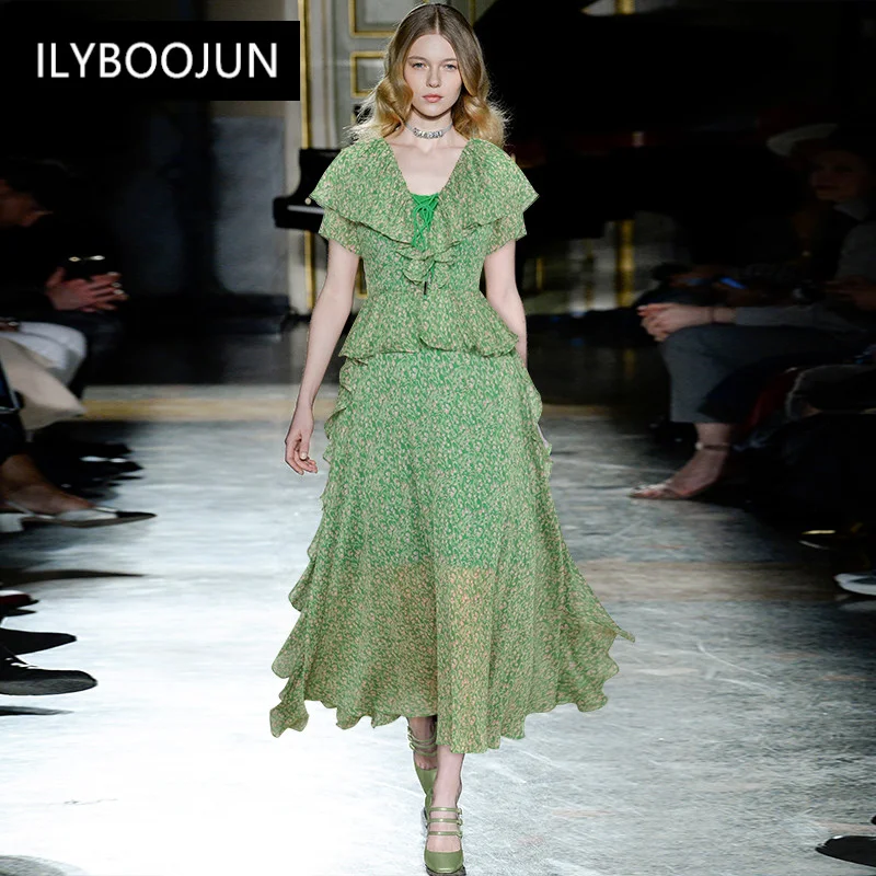 Fashion Designer Summer Vacation Dress Women Butterfly Sleeve Green Floral Print Chiffon Ruffles Elegant Dresses
Fashion Designer Summer Vacation Dress Women Butterfly Sleeve Green Floral Print Chiffon Ruffles Elegant Dresses