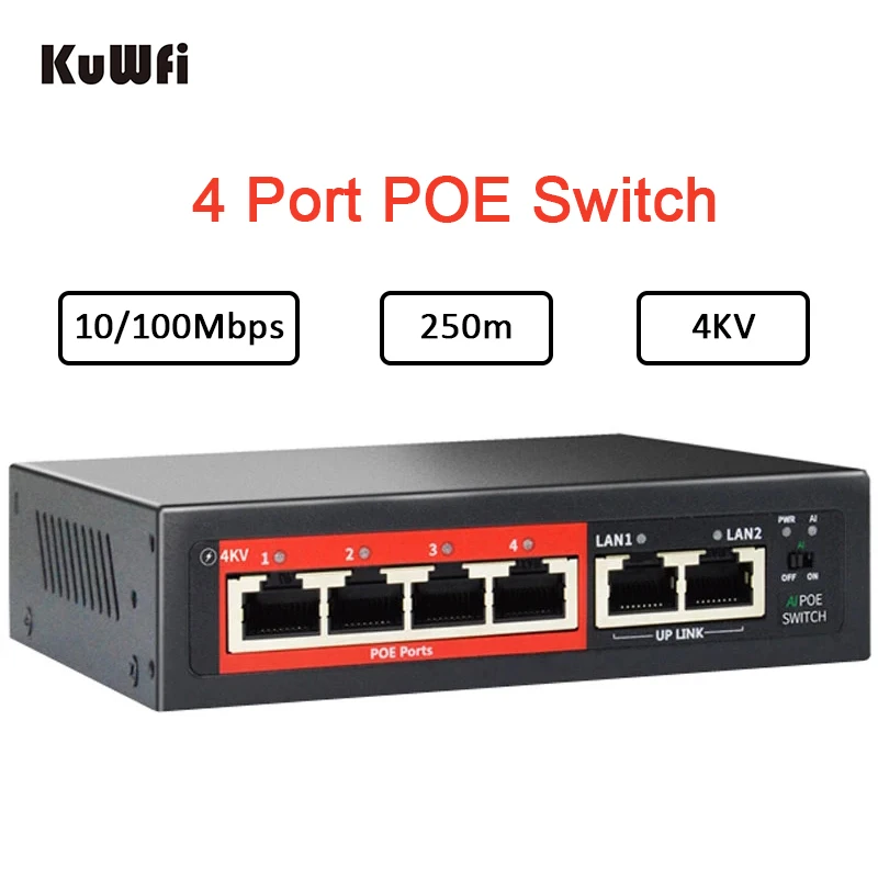 KuWFi 48V POE Switch with RJ45 port IEEE 802.3 af/at 4 Port POE +2 Uplink Network Switch Ethernet with 10/100Mbps for IP Camera
KuWFi 48V POE Switch with RJ45 port IEEE 802.3 af/at 4 Port POE +2 Uplink Network Switch Ethernet with 10/100Mbps for IP Camera