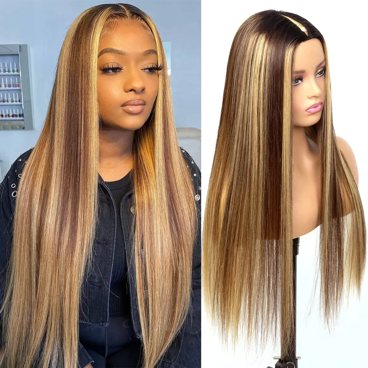 

Highlight Blonde 24 inch Silky Straight U Part Wig European Remy Human Hair Long Glueless Jewish Soft Wig For Black Women Daily