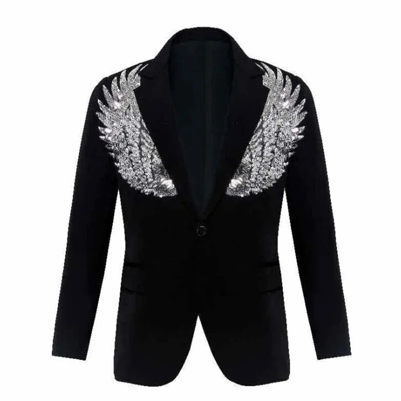 

Sequin stitching wings suit men's blazers black marynarki marynarka męska stage party slim fit кастюмы мужской bleizer masculino