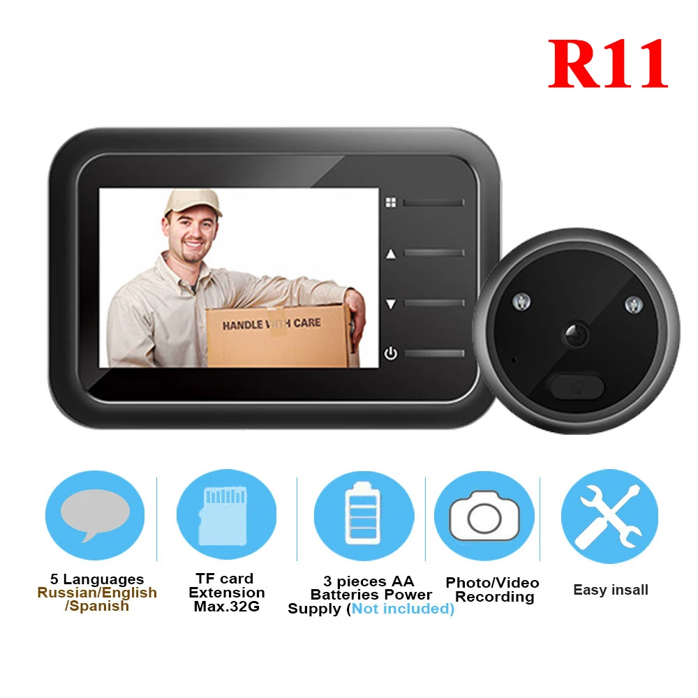 R11 Video Peephole Doorbell Camera Video-eye Auto Record Electronic Ring Night View Digital Door Viewer Entry Home Security
R11 Video Peephole Doorbell Camera Video-eye Auto Record Electronic Ring Night View Digital Door Viewer Entry Home Security