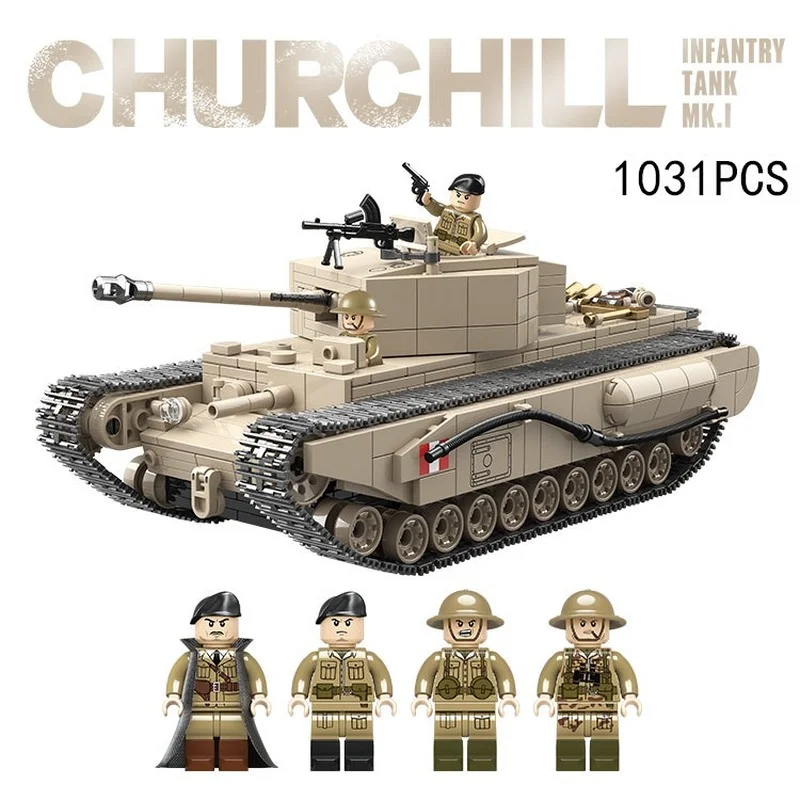 1031pcs WW2 Military British Churchill Mk.i Tank Building Blocks Model Bricks World War 2 Weapon Army Figures Toys
1031pcs WW2 Military British Churchill Mk.i Tank Building Blocks Model Bricks World War 2 Weapon Army Figures Toys