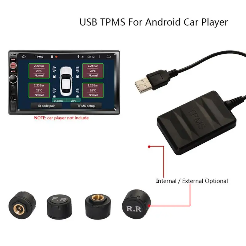 USB Android TPMS система контроля давления в шинах с дисплеем, система сигнализации с 4 внешними датчиками
USB Android TPMS система контроля давления в шинах с дисплеем, система сигнализации с 4 внешними датчиками