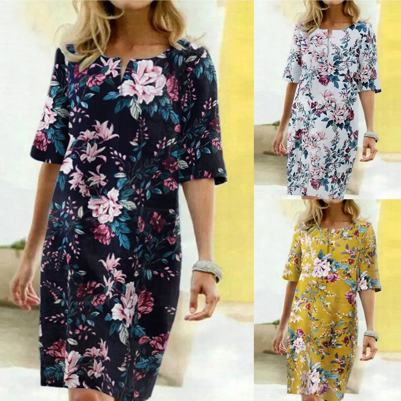 Женское платье-рубашка с коротким рукавом, круглым вырезом и цветочным принтом
Женское платье-рубашка с коротким рукавом, круглым вырезом и цветочным принтом