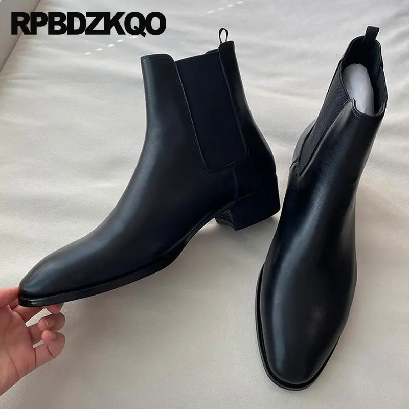 

Cowboy Boots Mens Genuine Leather Slip On Shoes Chunky Chelsea Pointed Toe Black Western Dress Ankle Formal Full Grain Cowgirl