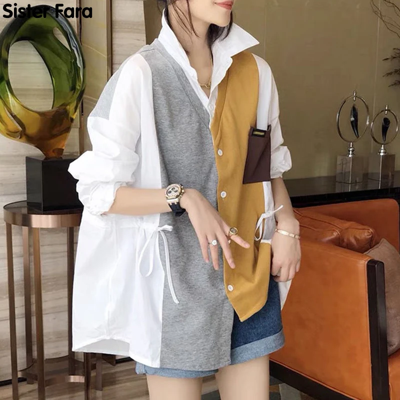 Sister Fara Patchwork Asymmetrical Women's Shirt Spring Turn-down Collar Long Sleeve Blouse Summer Ladies Long Casual Blouses
Sister Fara Patchwork Asymmetrical Women's Shirt Spring Turn-down Collar Long Sleeve Blouse Summer Ladies Long Casual Blouses
