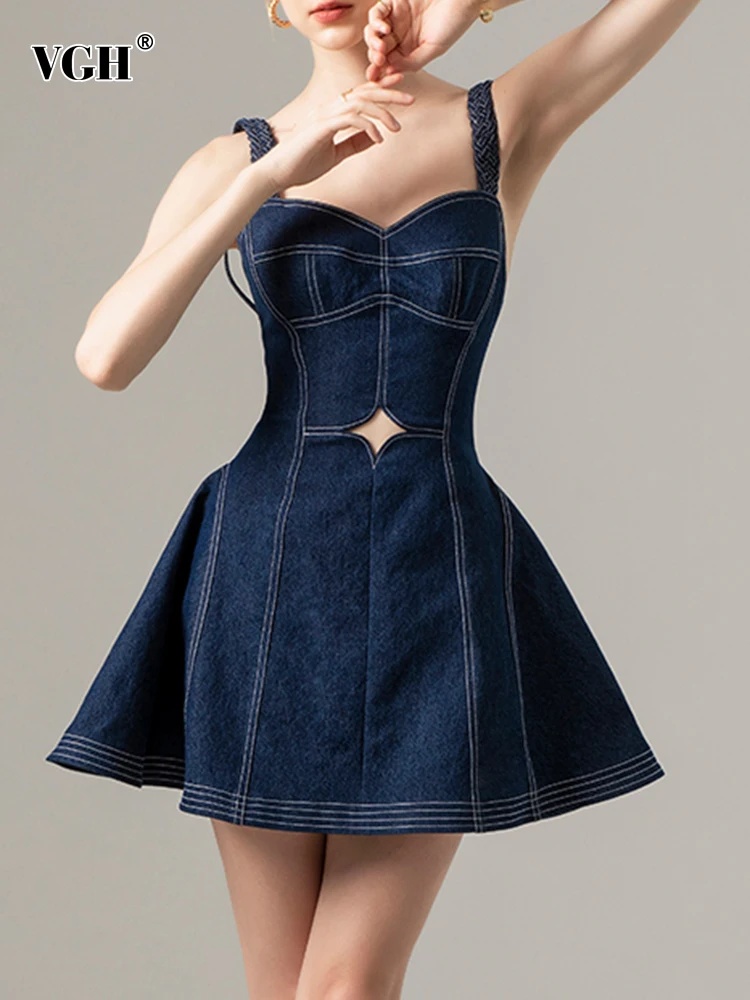 VGH Hollow Out Backless Denim Dresses For Women Square Collar Sleeveless High Waist Patchwork Lace Up Tunic Dress Female Summer
VGH Hollow Out Backless Denim Dresses For Women Square Collar Sleeveless High Waist Patchwork Lace Up Tunic Dress Female Summer