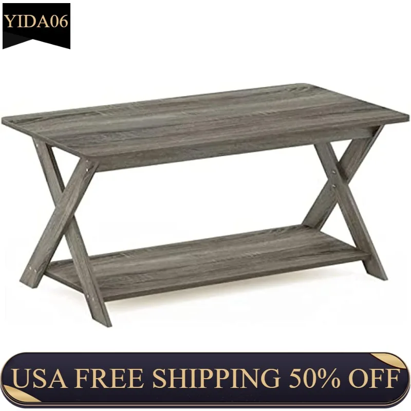 

Furinno Modern Simplistic Criss-Crossed Coffee Table, 35.4 in x 19.6 in x 16 in, French Oak Grey wood table mesa