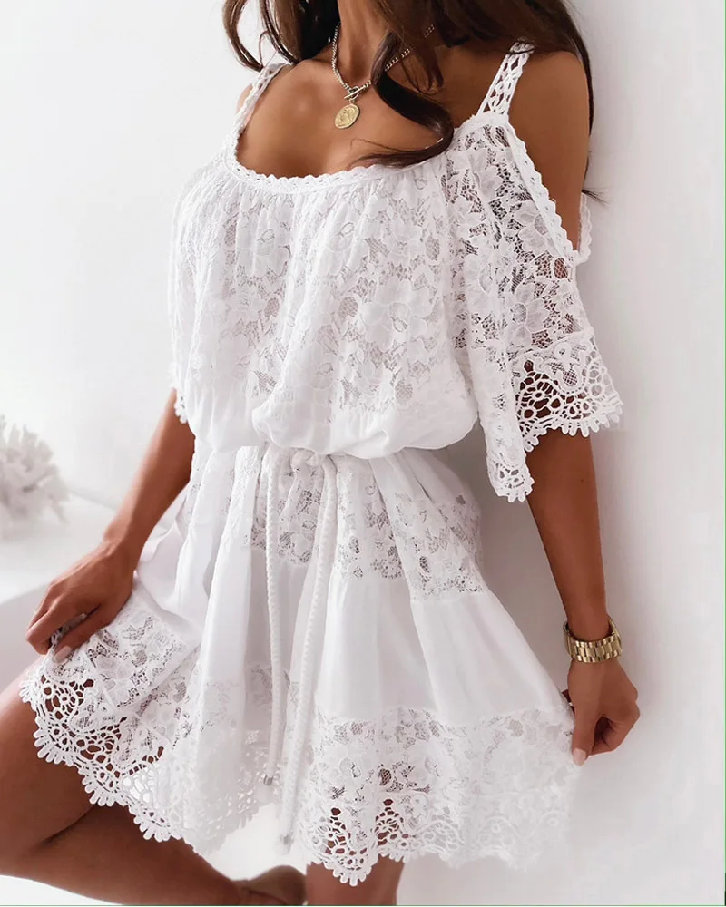 Women Solid Color Mini Dress High Waist Fashion Cold Shoulder Contrast Lace Casual Dress Half Sleeve
Women Solid Color Mini Dress High Waist Fashion Cold Shoulder Contrast Lace Casual Dress Half Sleeve