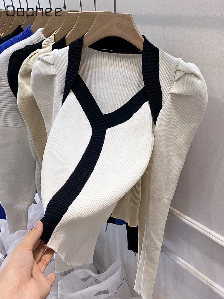 2022 Spring New Women's Contrast Color Knitwear Casual Puff Sleeve Color Matching Pullover Bottoming Shirt Sweater Korea Ladies
2022 Spring New Women's Contrast Color Knitwear Casual Puff Sleeve Color Matching Pullover Bottoming Shirt Sweater Korea Ladies