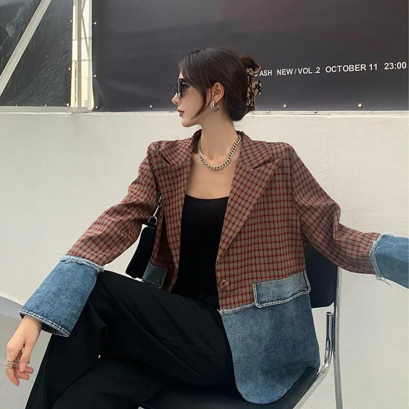 

2022 Women's Spring And Autumn Splicing Suits Denim Checked Jacket Korean Fashion New Blazer Office Lady Slim Outwear Ropa Mujer