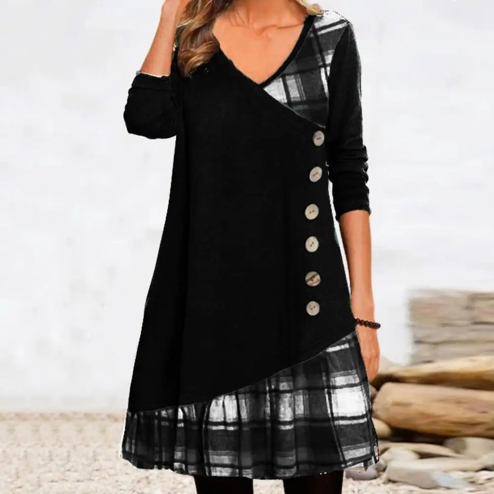 Chic Women Dress V Neck Lightweight Autumn Dress Plaid Print Patchwork A-Line Mini Dress
Chic Women Dress V Neck Lightweight Autumn Dress Plaid Print Patchwork A-Line Mini Dress