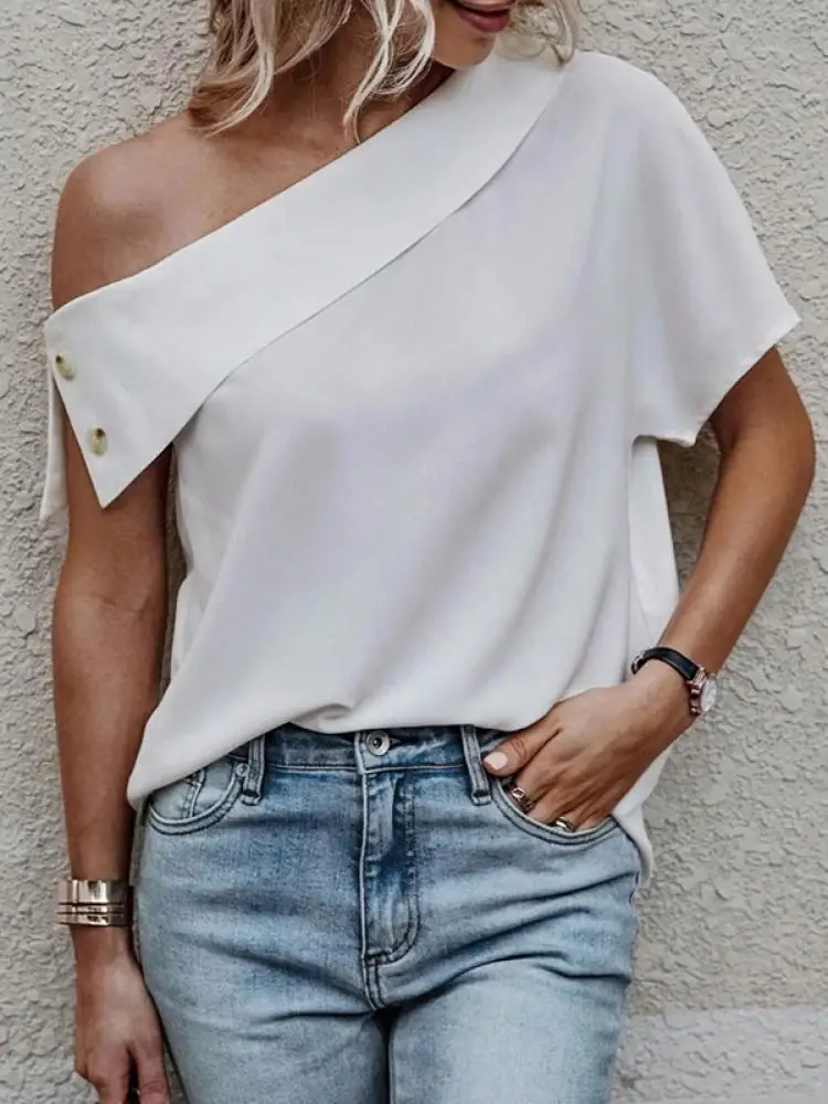 Uoozee 2023 Новые Женские однотонные повседневные футболки с открытыми плечами летние свободные Простые Топы с короткими рукавами для женщин